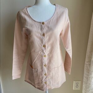 VTG Sarah Chapman Linen Cotton Shirt Jacket Scoop Neck With Pockets Full Button